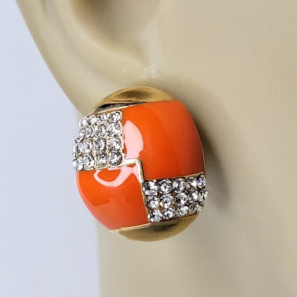 Orange And Gold Oval Earrings with Clear Crystals Small Orange Earrings - Picture 1 of 7
